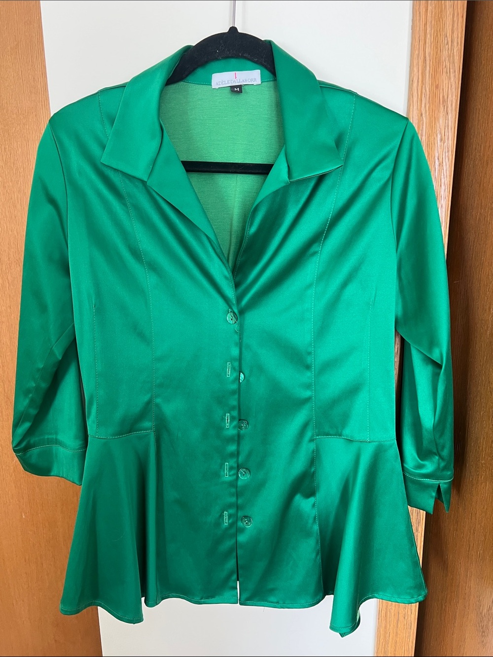VINTAGE  Adele Dallasorr Vibrant Green Satin Peplum Button-Front Blouse